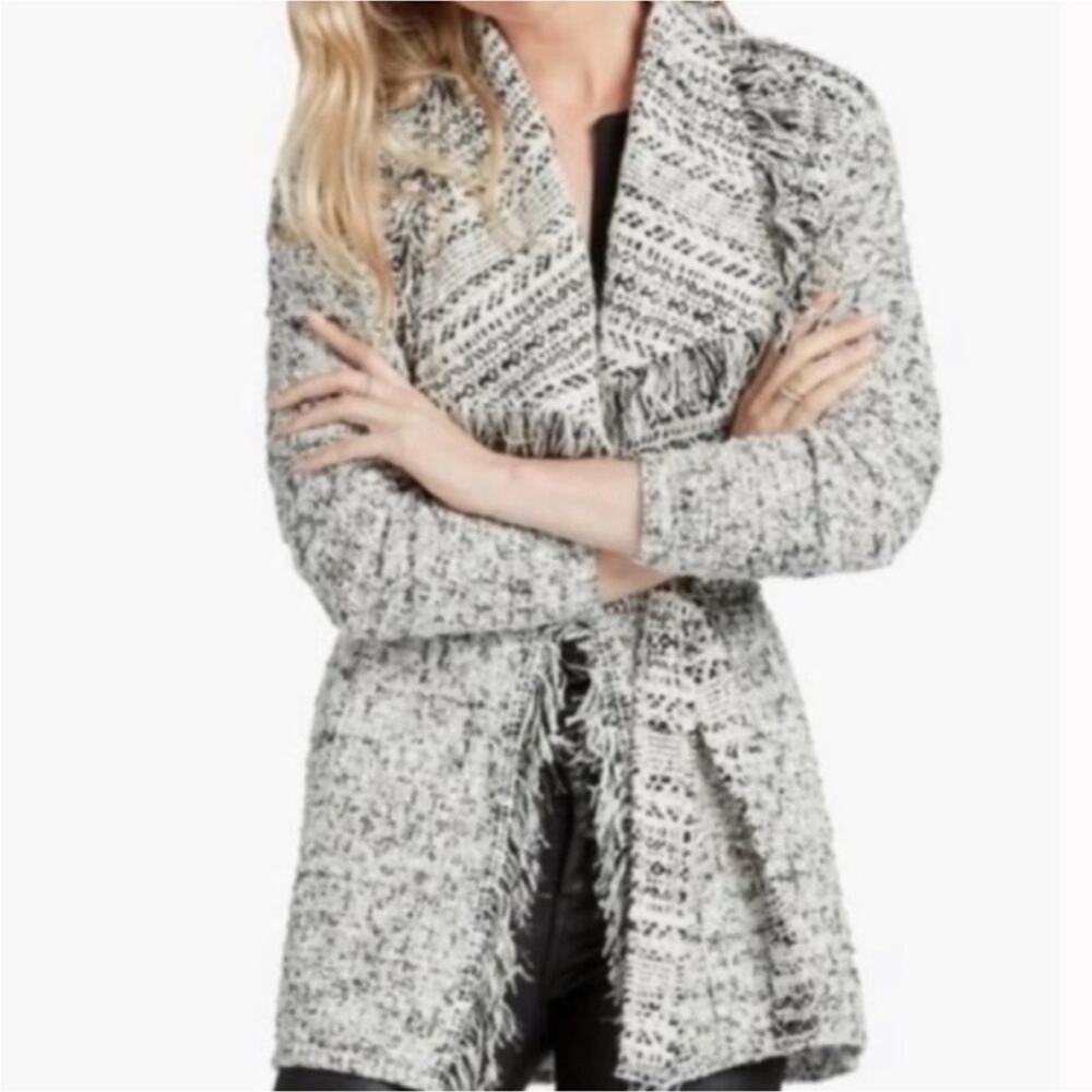 Lucky Brand Boho Metallic Fringe Tweed Textured Sweater Cardigan, Medium